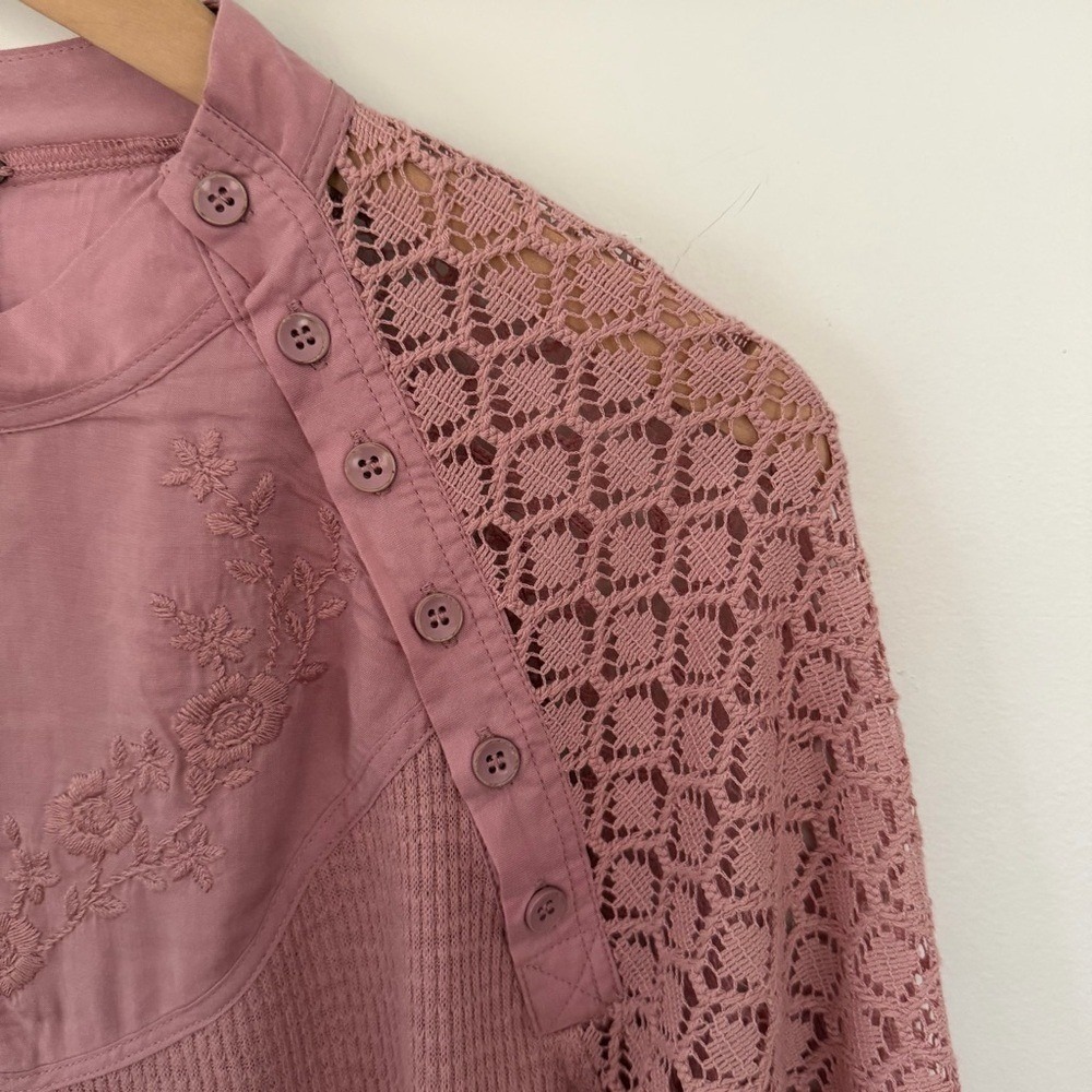 Free People Women's‎ Sweetest Thing Thermal Pink Blush Top Lace Balloon Sleeve M - Picture 7 of 16